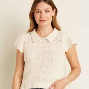 Lauren Conrad Cream Knit Polo Shirt / Sweater Top w/ Ruffled Sleeves Size Large